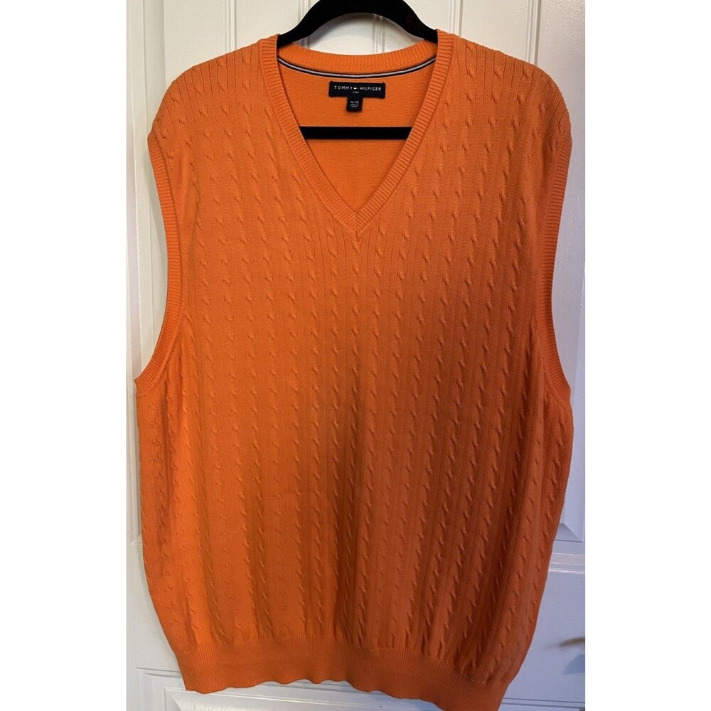 Tommy Hilfiger Mens Large Orange Cable Knit Vest No Logo Golf Sweater Preppy Ivy